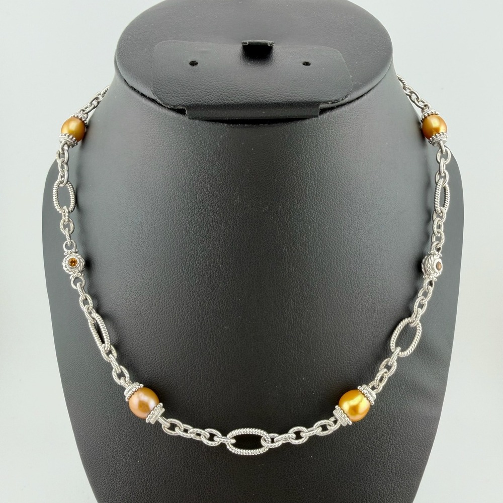Judith Ripka Sterling Silver Pearl Citrine CZ Link Necklace